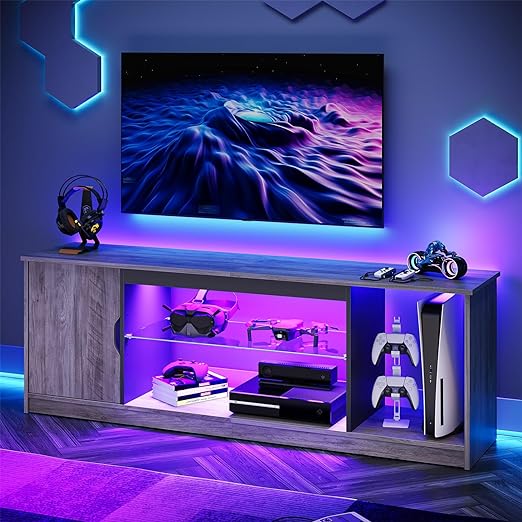 Gaming TV Stand with Removable Glass Shelves for 55/60/65 Inch TV