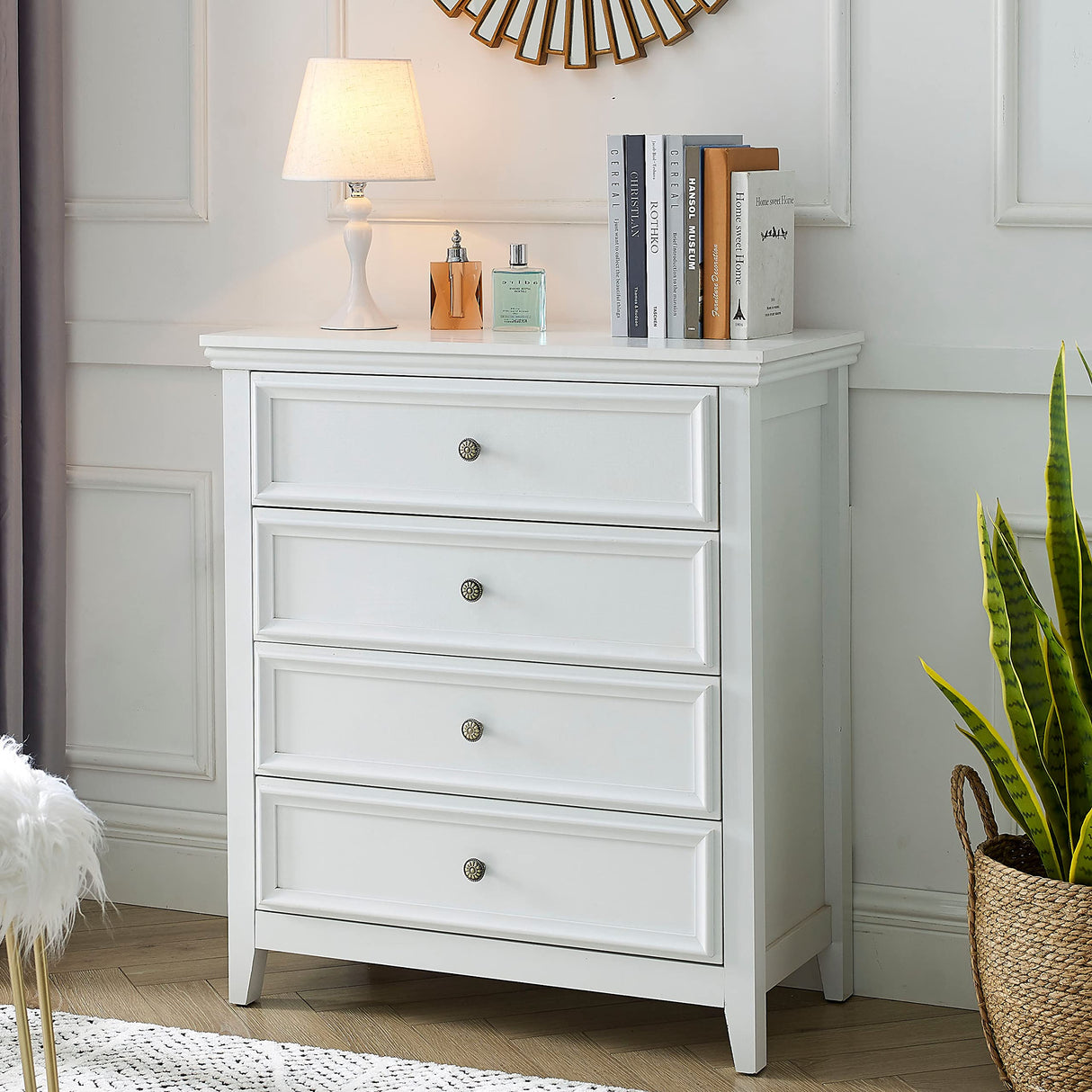 White Dresser for Bedroom, 4 Chest of Drawers, Wooden Dressers Tall Nightstand