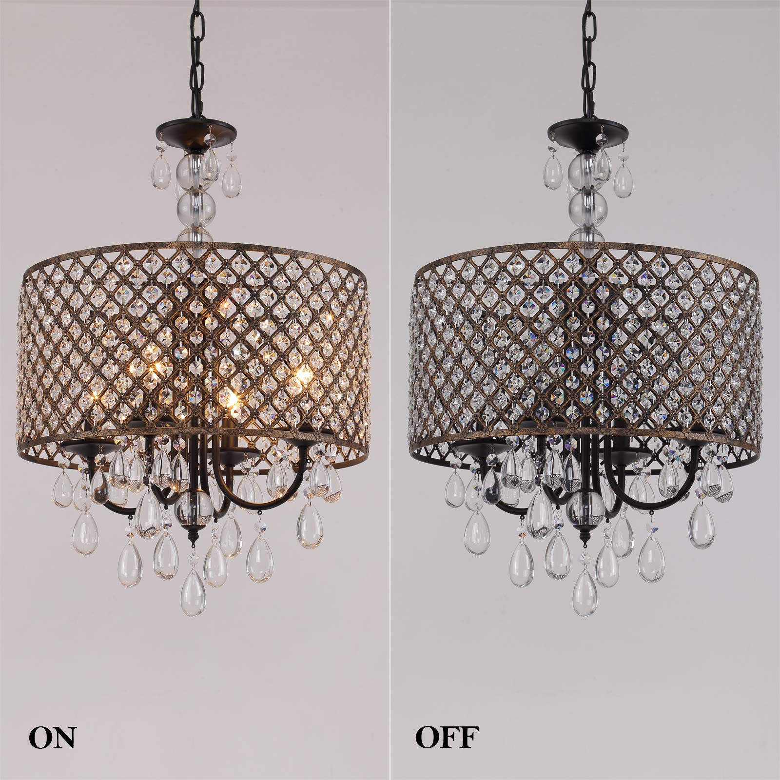 Modern Round Crystal Chandelier,Antique Beaded Drum Shade Copper Bronze 4 Lights