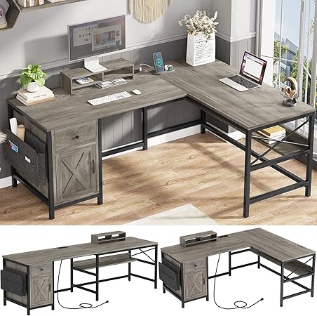 63" L Shaped Desk, Convertible Long Home Office Desk or Corner De