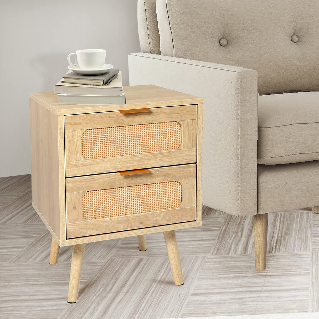 Nightstands Set of 2 with Rattan Drawer, Modern Night Stand for Bedrooms