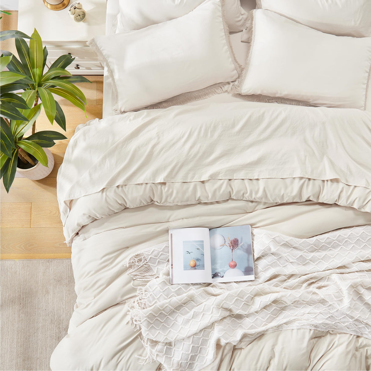 Beige Comforter Set King Size with Sheets -7 Pieces Boho Tassel Bed in a Bag Soft