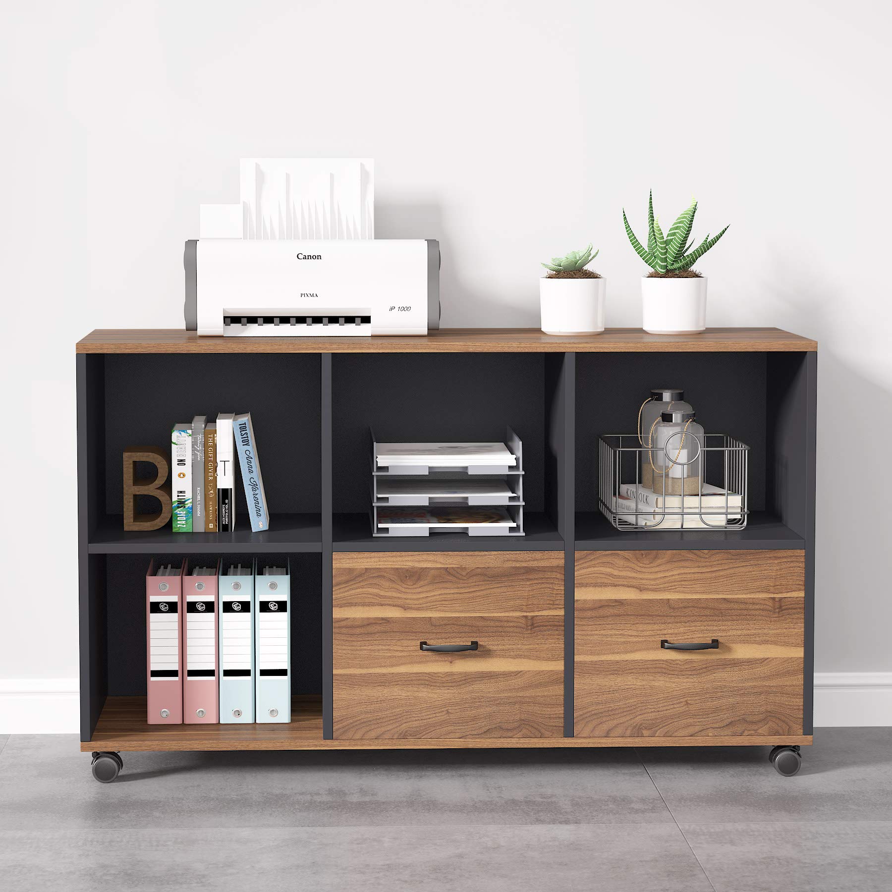 55 inches Executive Desk and 43" lateral File Cabinet, L-Shaped Computer Desk Home Office Furniture with Drawers and Storage Shelves, Office Table with Cabinet (Walnut, 55)
