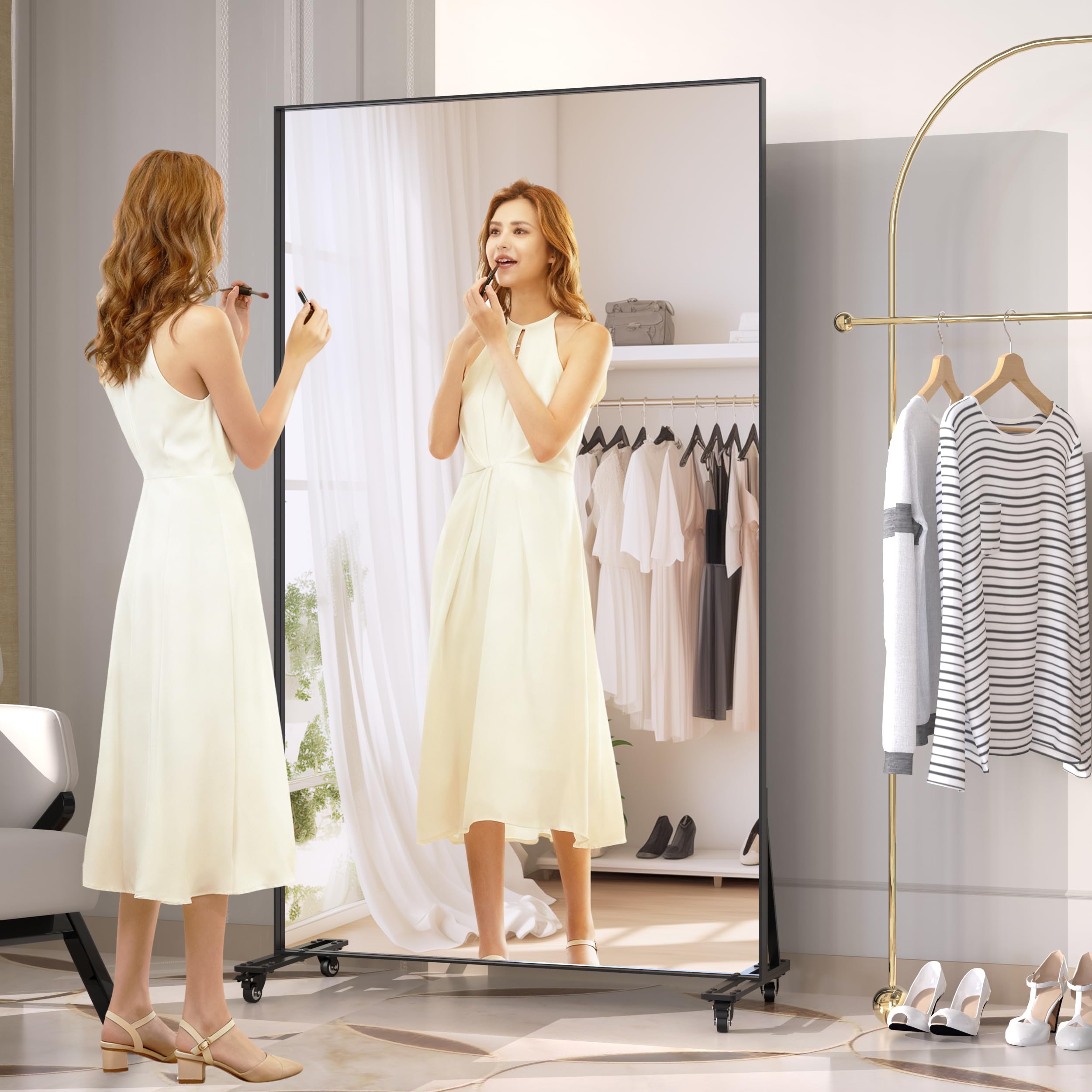 Full Length Mirror with Wheels - 360° Swivel Rolling Floor Mirror