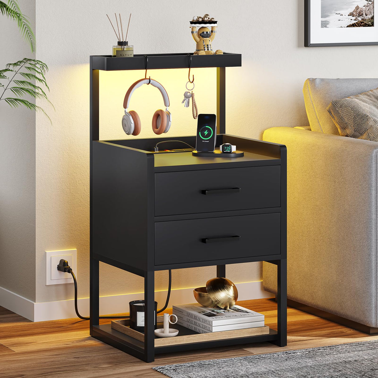 Nightstands Set of 2 with Charging Station, LED Night Stand with 2 Drawers, Black Modern