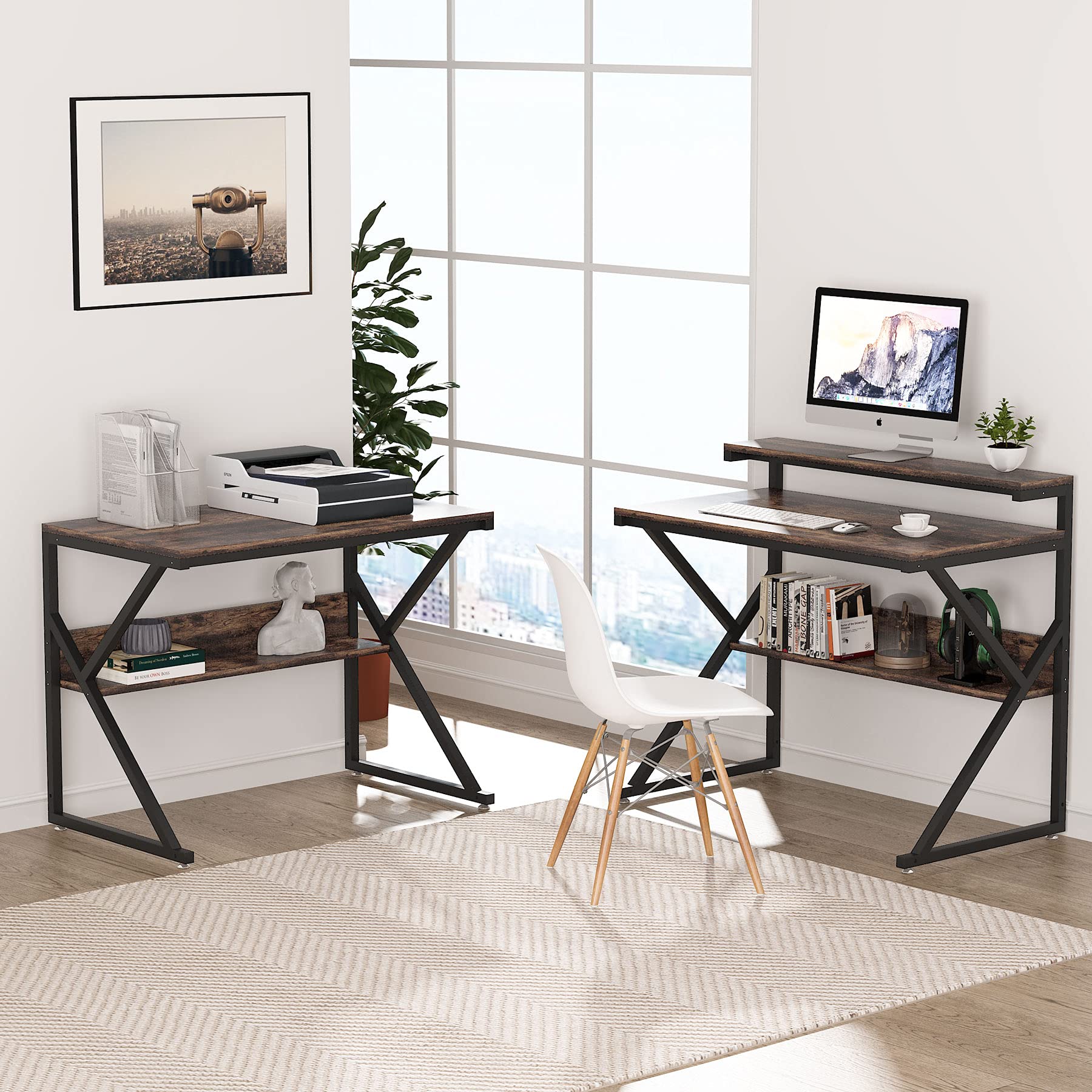 L Shaped Desk with Storage Shelves, 63 inch Industrial Corner Computer Desk