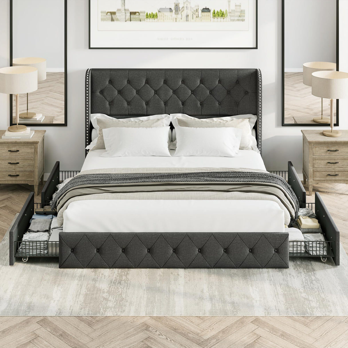 Bed Frame King Size Upholstered Platform Bed with Storage Drawers and Tufted Headboard