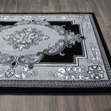 Traditional Hand-Carved Area Rug 5x7 - Black & Grey Floral Medallion