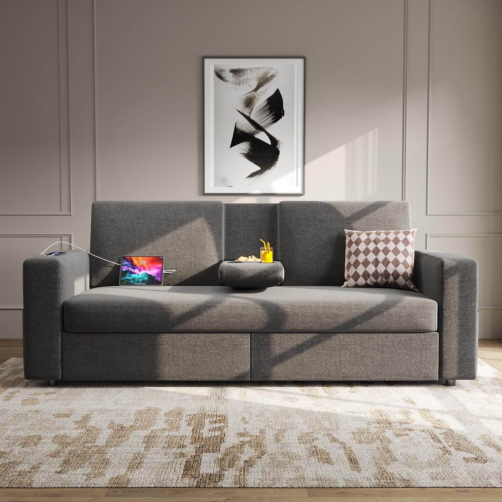 62.6” Loveseat Sofa with 2 Drawers, USB & Type-C Charging Port, Comfortable Linen Living Room Sofa with Small Table Board, Upholstered Small Sofa Fits Bedroom, Office, Dark Grey