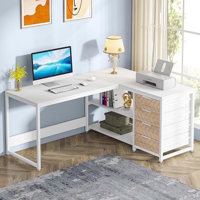 L Shaped Computer Desk with Storage Drawers, 59 inch Corner Desk with Shelves