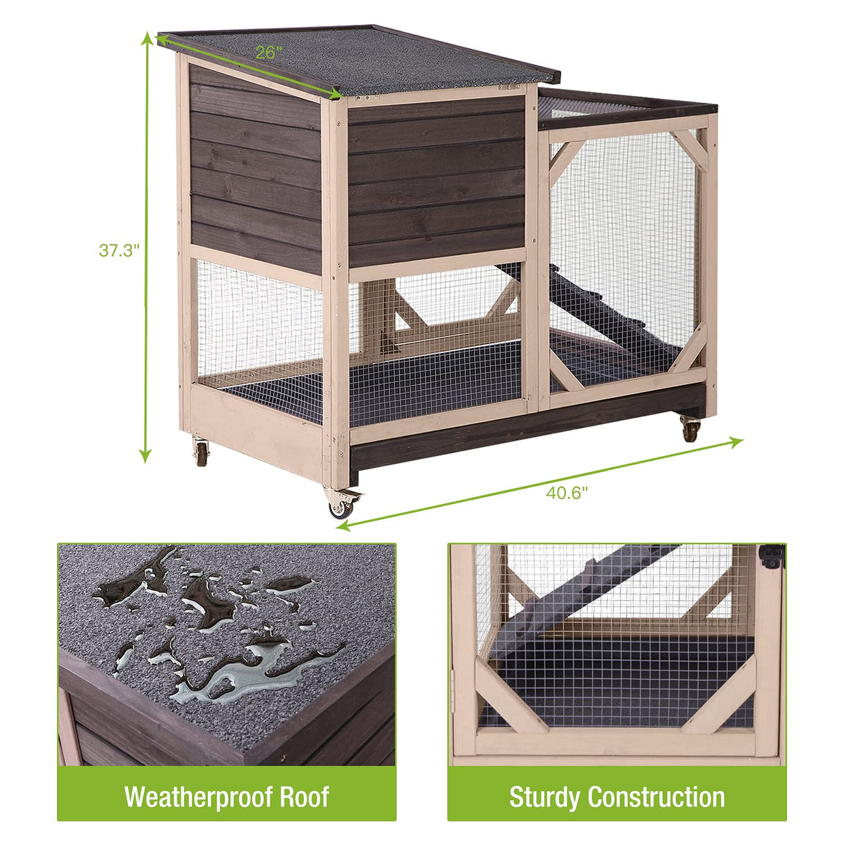 Outdoor Rabbit Hutch, Bunny Cage on Wheels with 2 Deep No Leakage Pull Out Trays