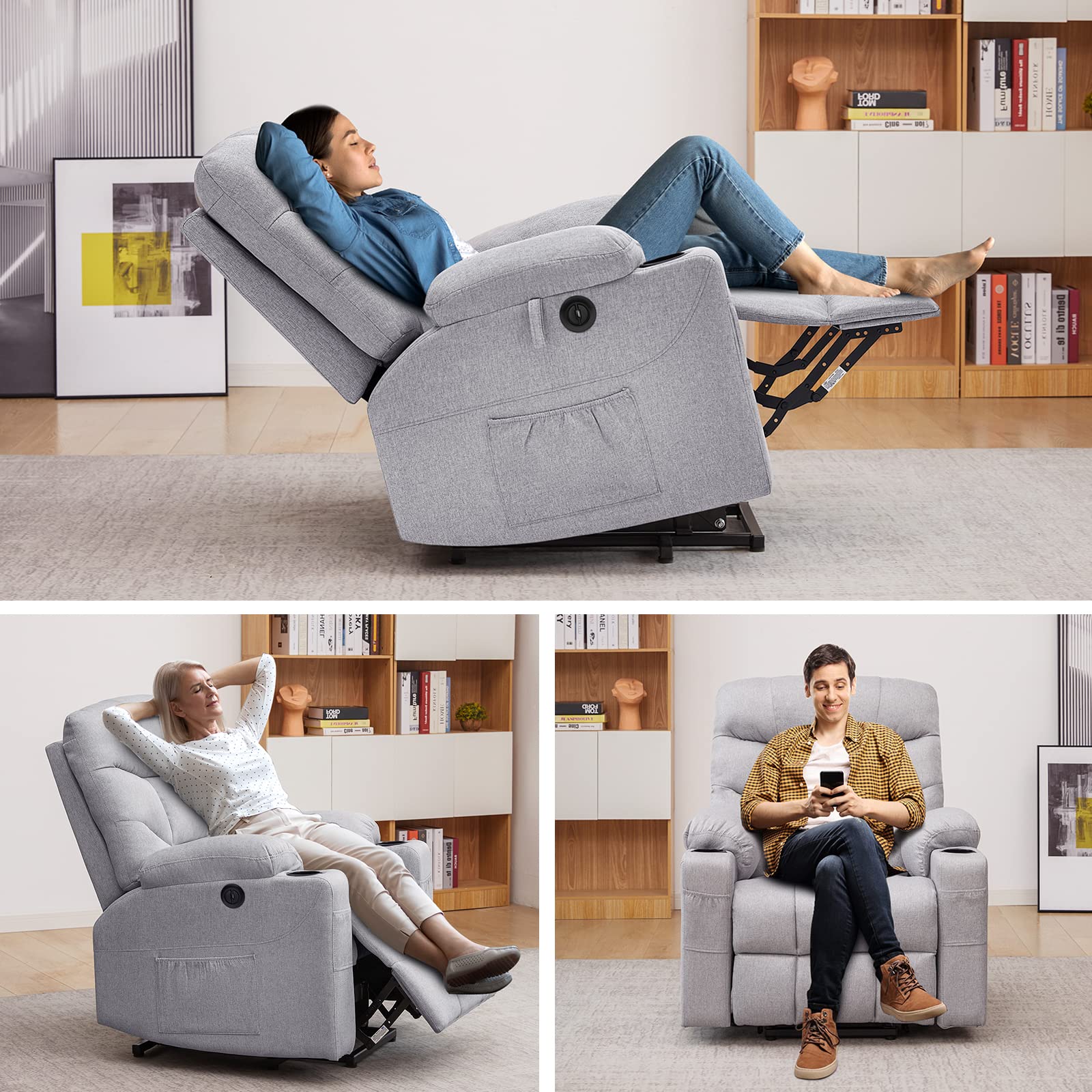 RelaxMate PowerLift Recliner Chair for Seniors – Massage + Heat, Silent Motor, Linen Fabric