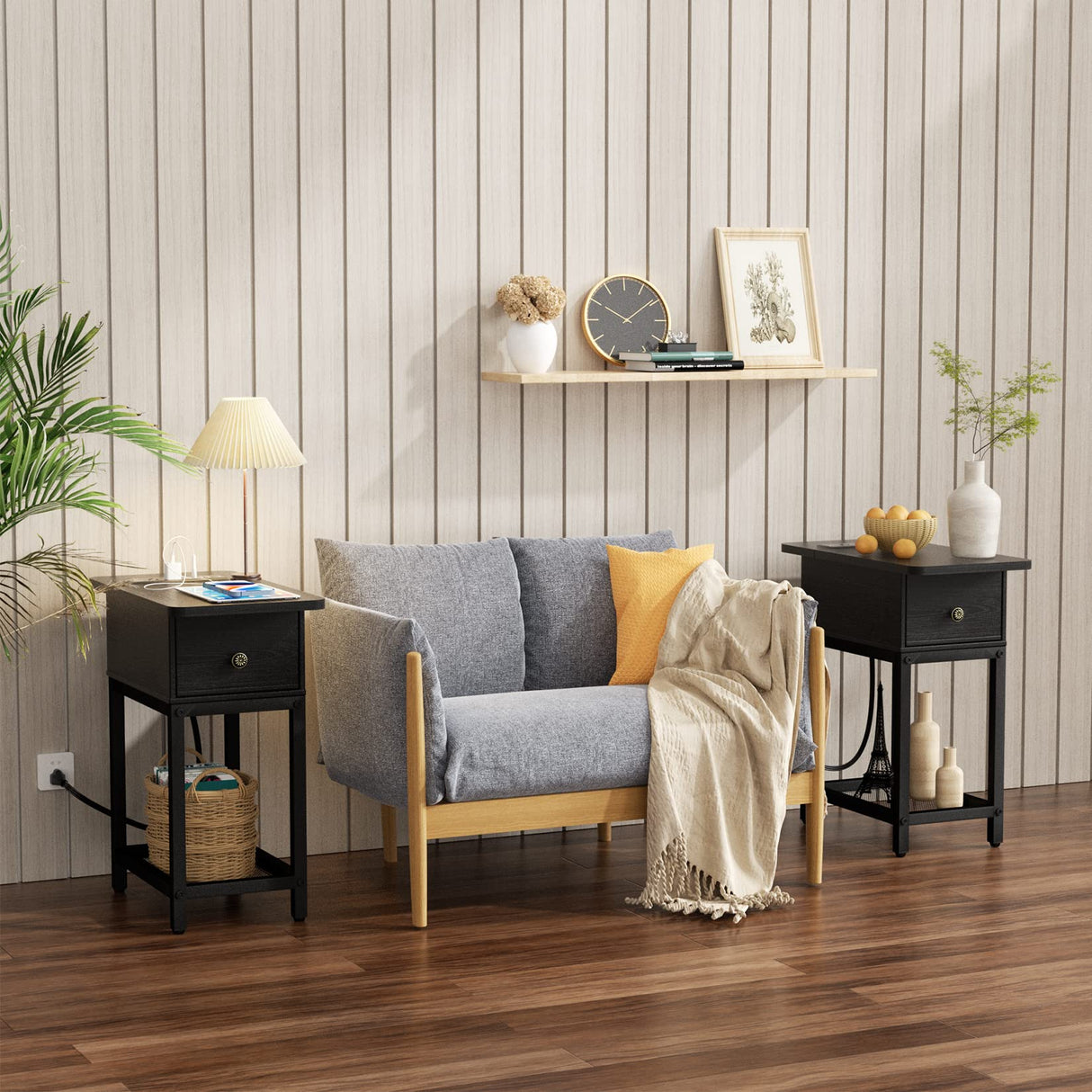 Side Table Night Stands End Table with Charging Station Drawers Narrow Side Table Living