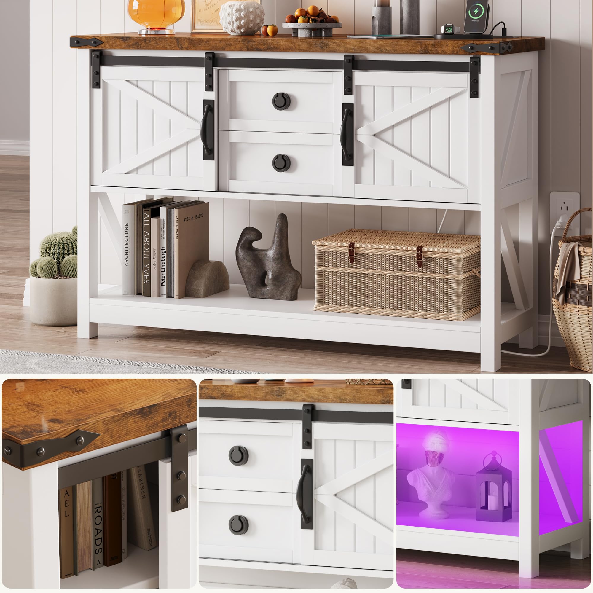 Farmhouse Entryway Table w/Type-C Charging Station, Industrial Rustic Console Sofa Table