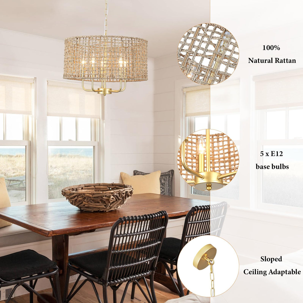 Boho Chandelier Light Fixture for Dining Room 5 Light, 18.8'' Gold Hand Woven Drum