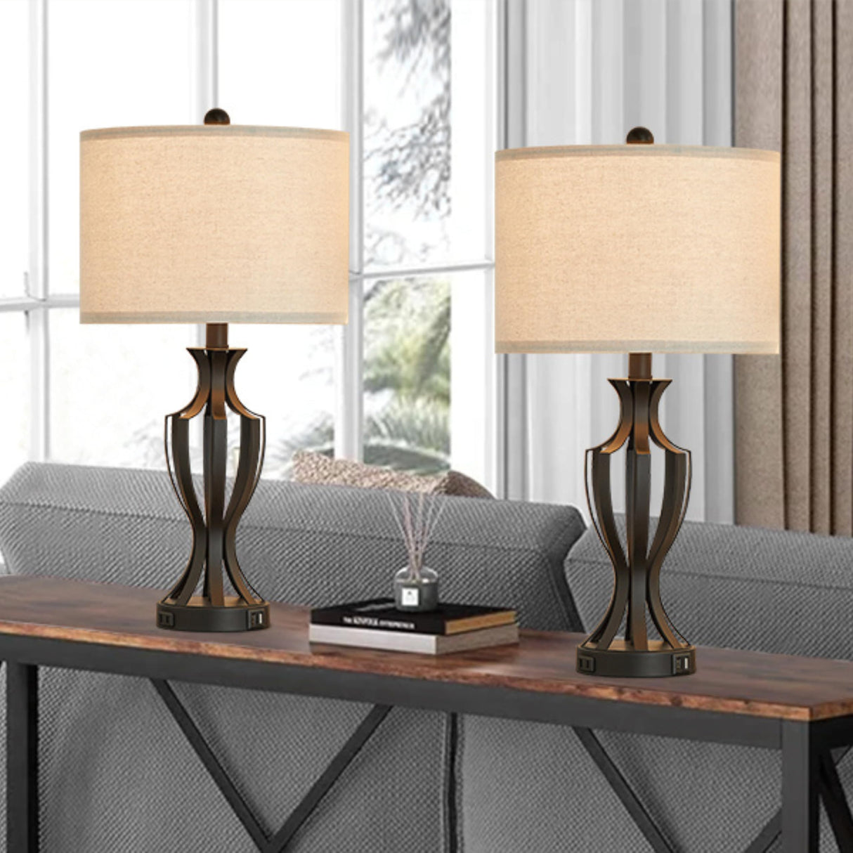 23.25'' Metal Table Lamp Set of 2 for Living Room, 3-Way Touch Control Black Iron Scroll