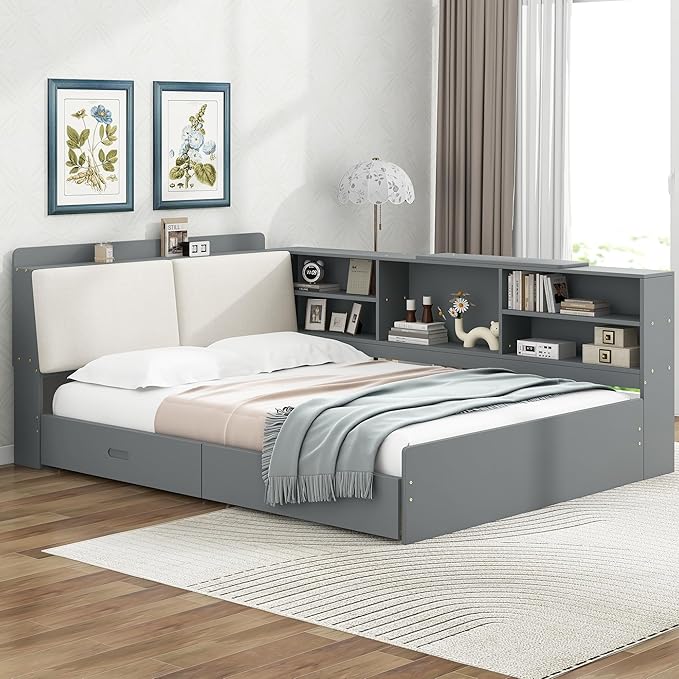 Bed Frame with Upholstered Storage Headboard and 2 Drawers, Pine Wood Daybed