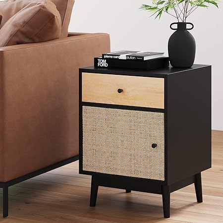 Mina Rattan Wood End Side Accent Table Nightstand with Storage for Living Room