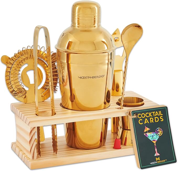 Mixology Bartender Kit - 8-Piece Gold Cocktail Shaker Set with Pine Wood Stand
