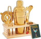 Mixology Bartender Kit - 8-Piece Gold Cocktail Shaker Set with Pine Wood Stand
