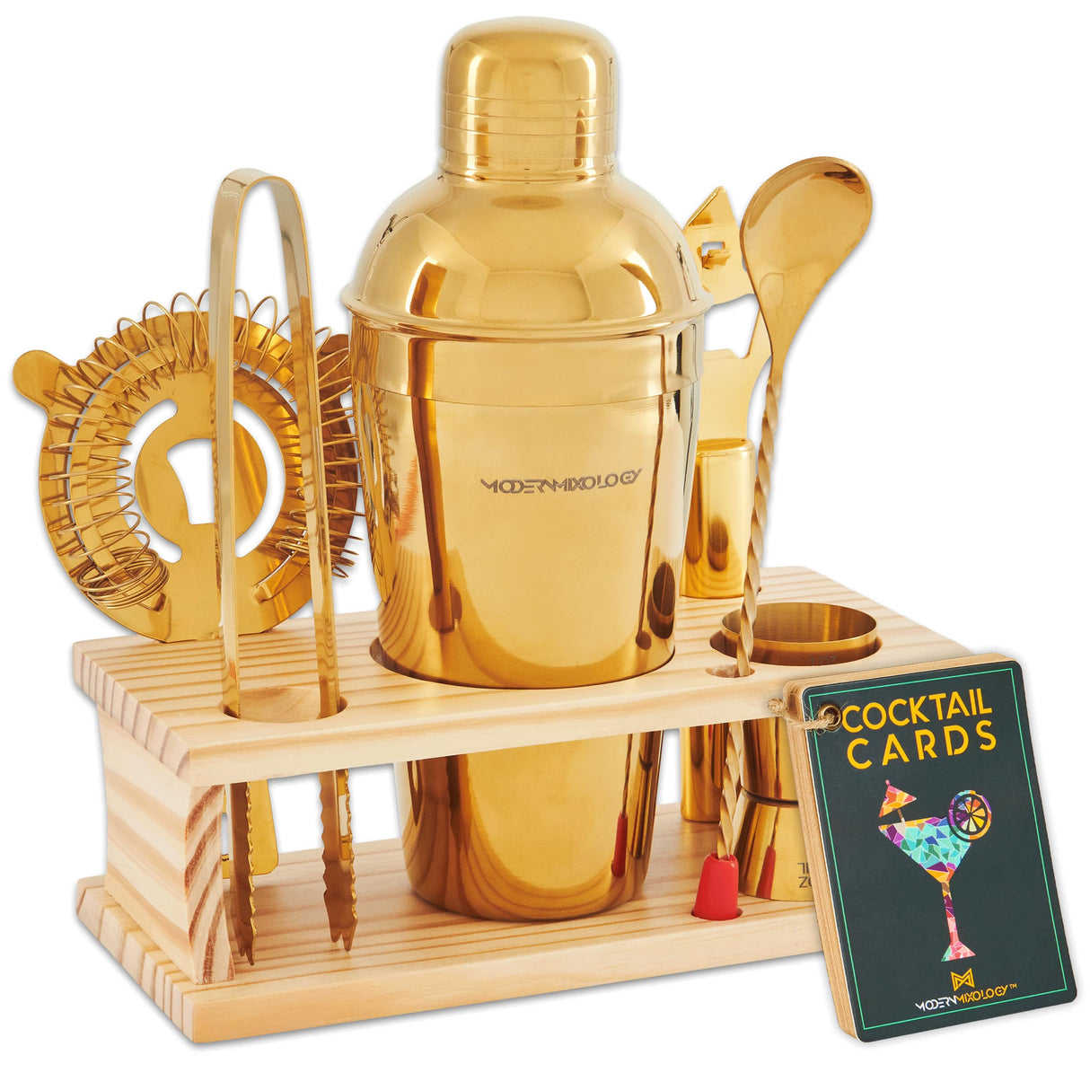 Mixology Bartender Kit - 8-Piece Gold Cocktail Shaker Set with Pine Wood Stand