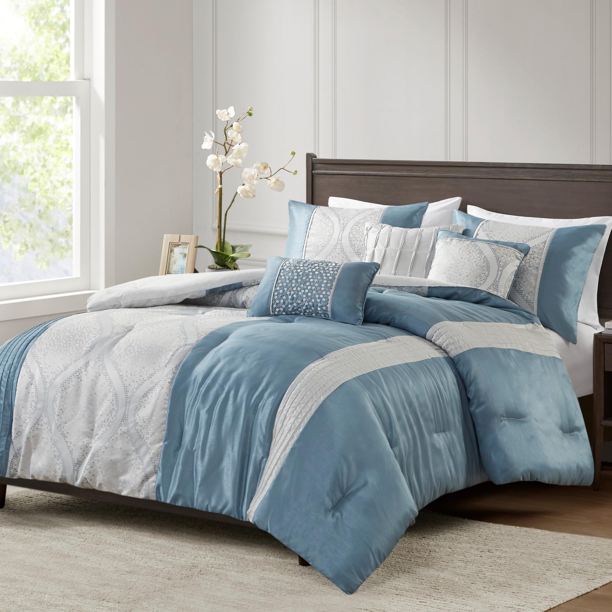 Jacquard Queen Comforter Set - Ogee Print with Pleated Trims - 6 Piece Bedding Set