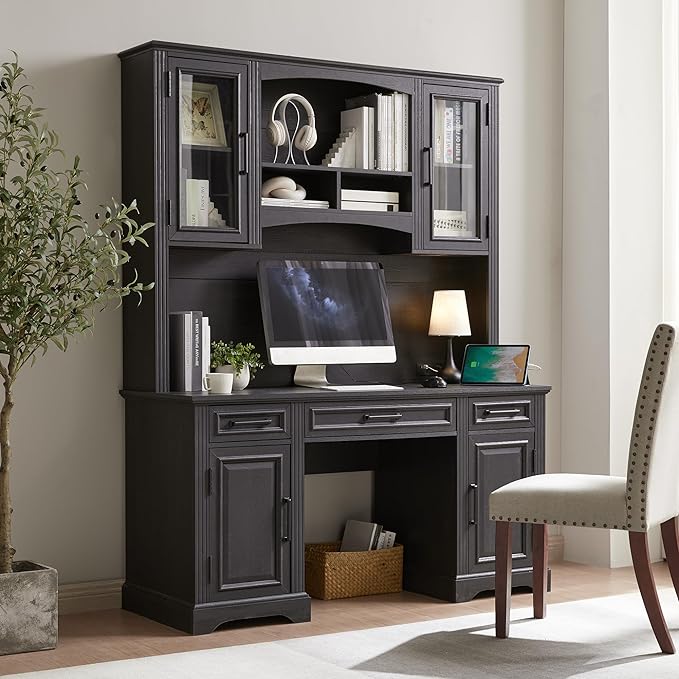 Farmhouse 58" Executive Desk, Computer Desk with Drawers and Storage Cabinet
