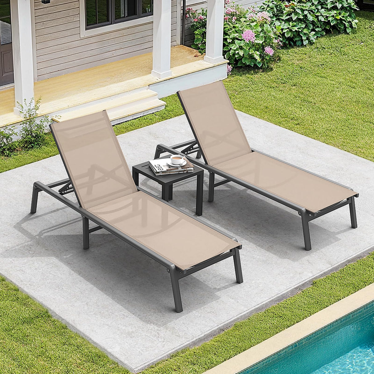 ONBRILL Aluminum Chaise Lounge Chair Outdoor, Foldable & Assembly Free Outdoor Lounge Chair with 5 Position Adjustable Backrest, Patio Pool Lounge Chairs for Outside Poolside Beach Lawn, 1PC, Khaki