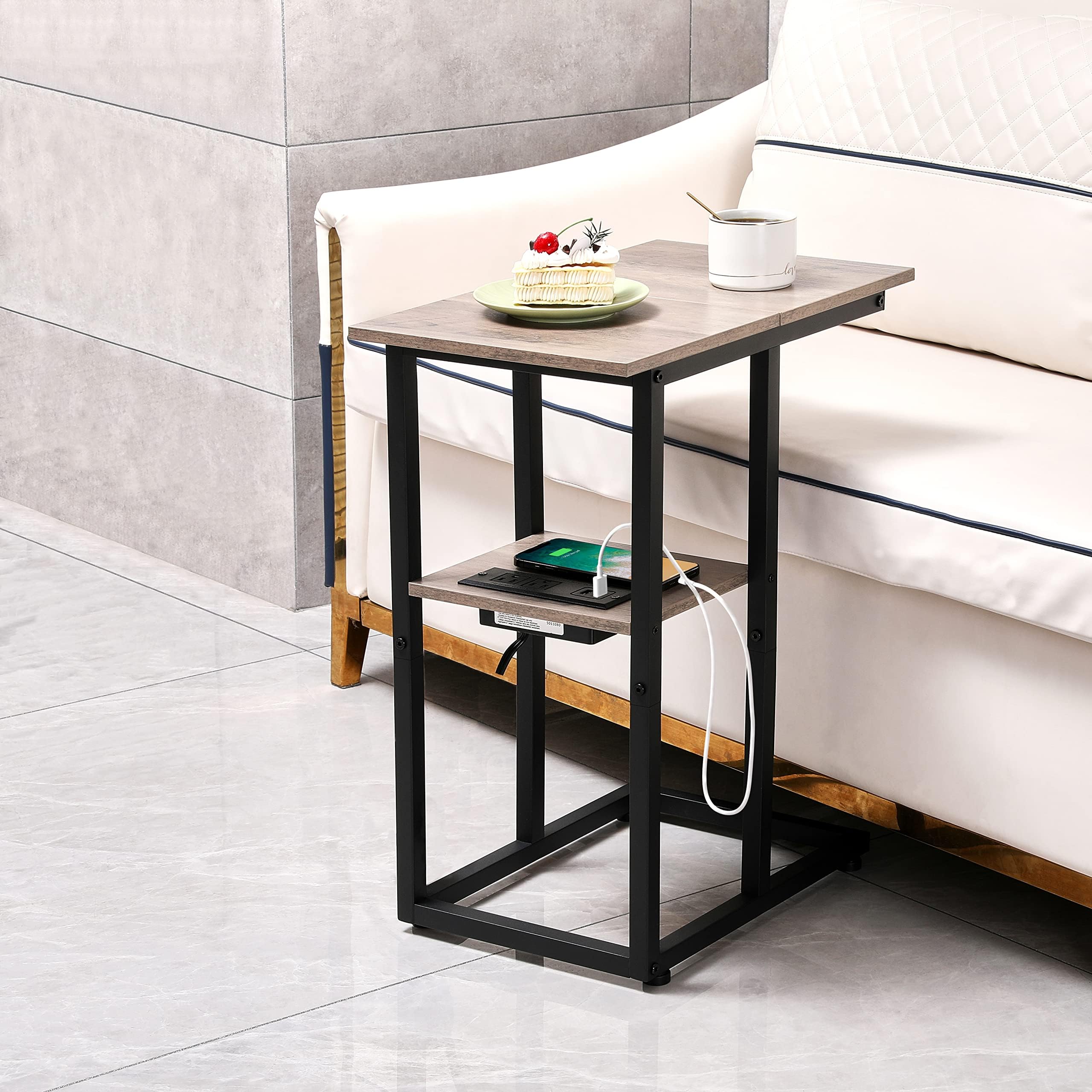 Side Table with Charging Station Set of 2 - Small C Table Narrow End Table