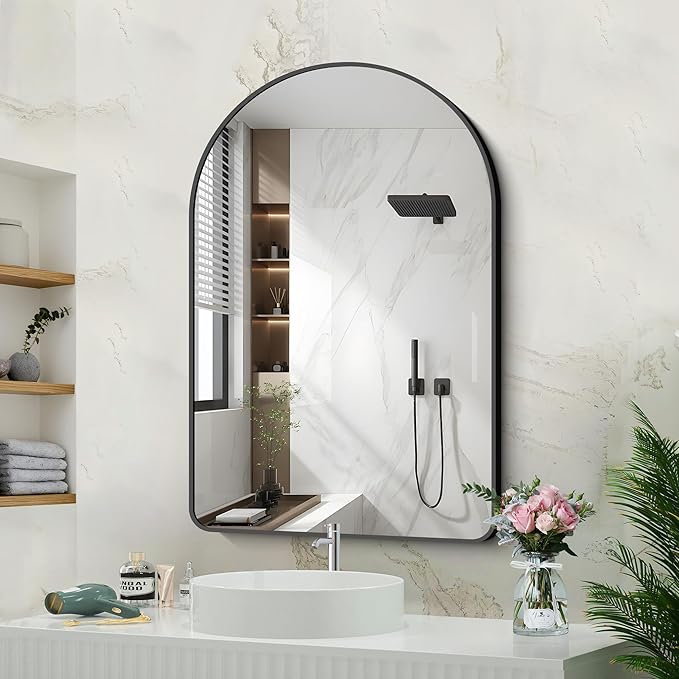 Bathroom Mirror, 30"x48" Black Arched Mirror for Bathroom, Wall Mounted Mirror, Black Vanity Wall Mirror w/Metal Frame for Bedroom, Entryway, Living Room, Vertically Hanging