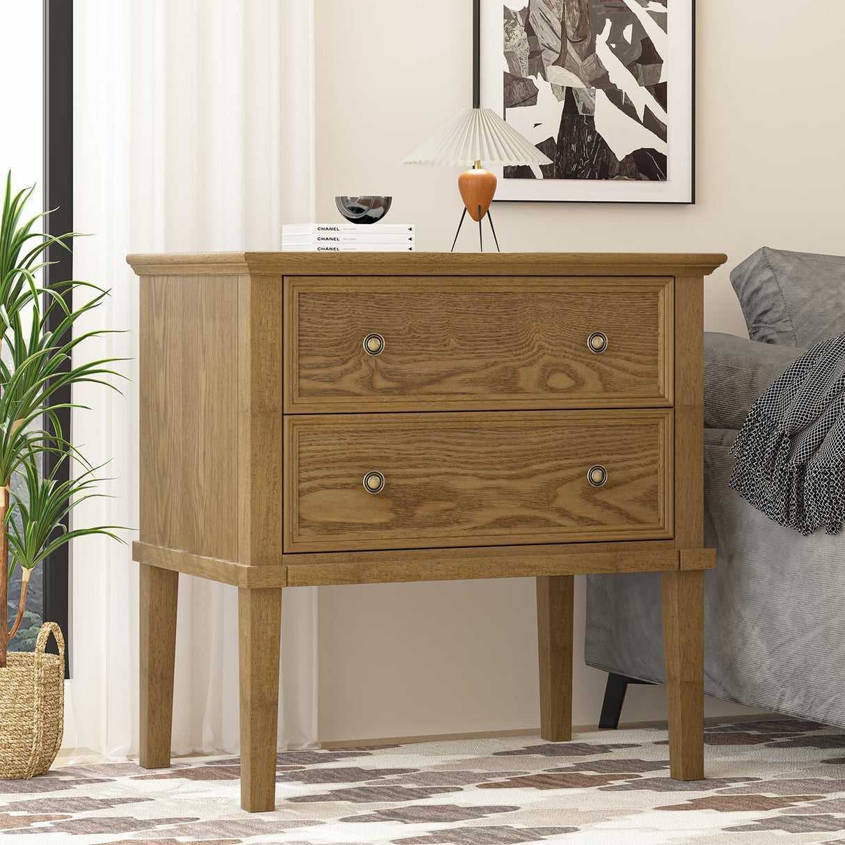 Solid Wood Nightstand with 2 Drawers, Practical Bed Side Table/Night Stan