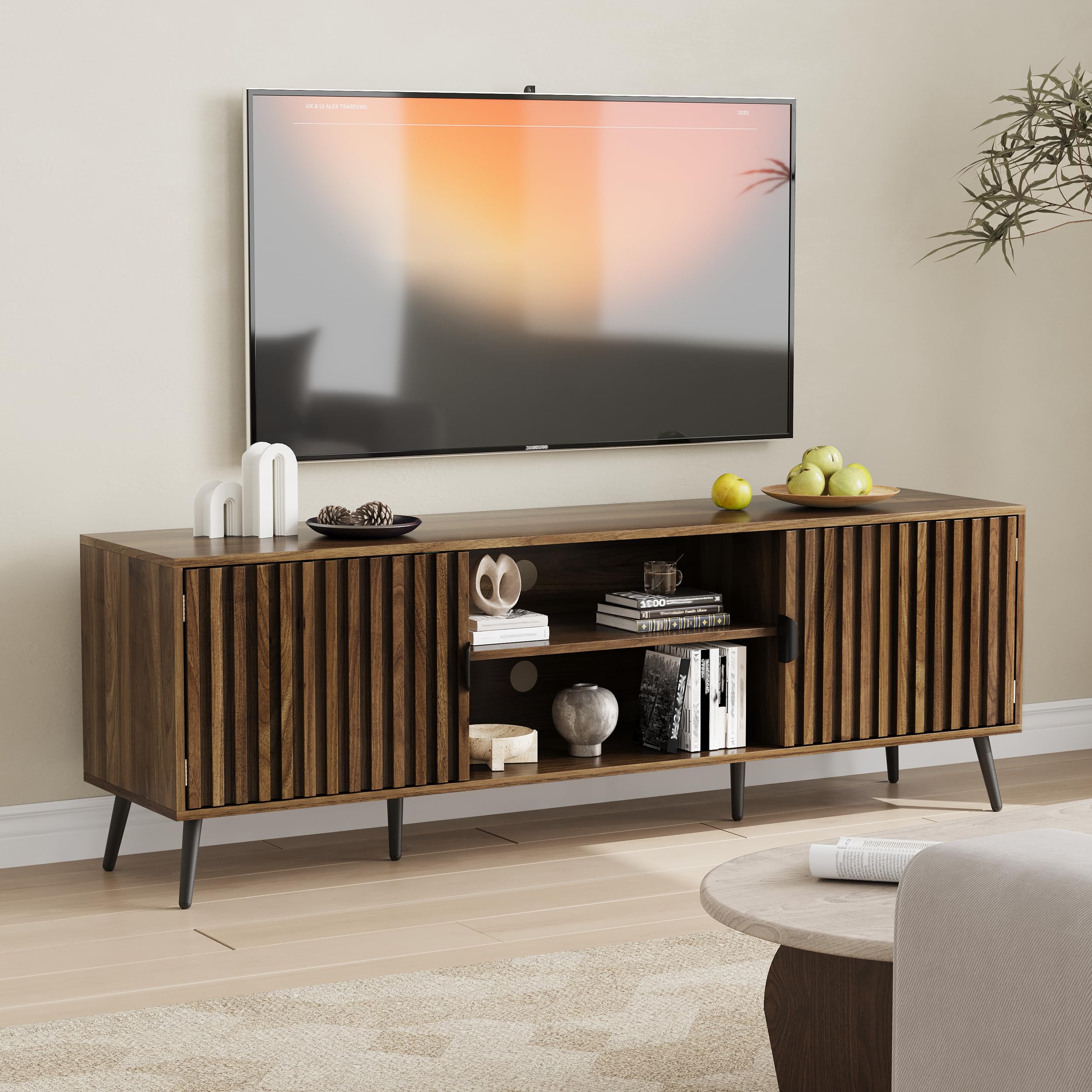 63" Walnut Fluted TV Stand with Storage Cabinets