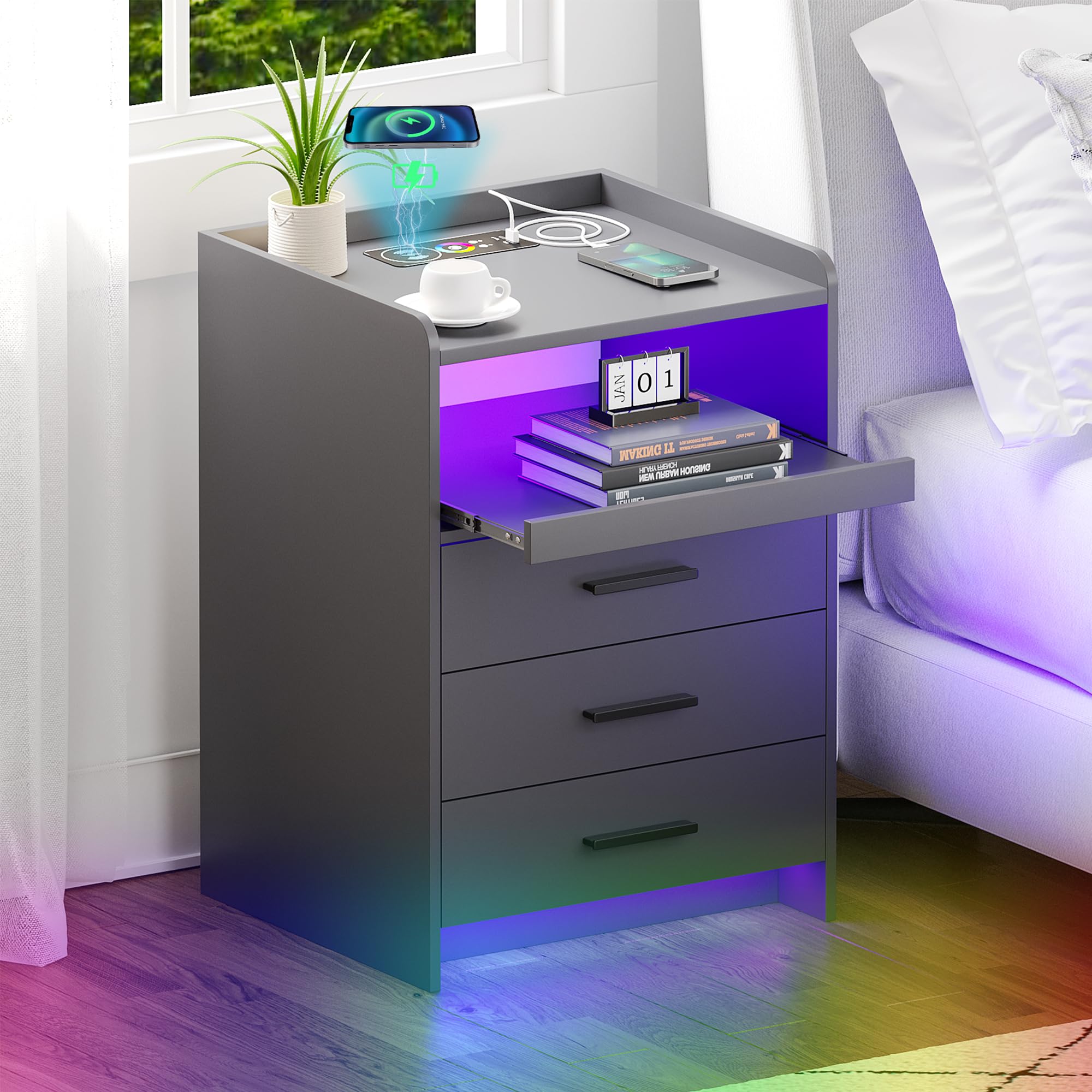 Nightstand with Wireless Charging Station, 24-Color Dimmable Auto Sensor End Table