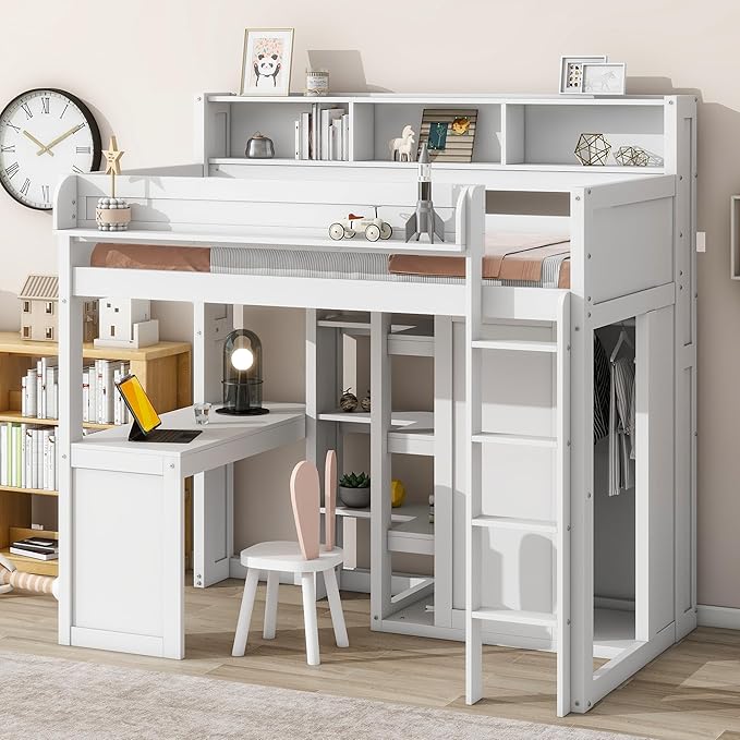 Twin Loft Bed with Storage Shelves and Under-Bed Desk, Wooden Bed Frames with Wardrobe and 3 Cabinets, Gray