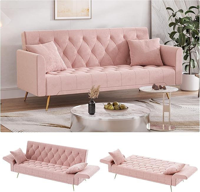 Modern Velvet Futon Sofa Bed, Small Couch, Loveseat, 71" Convertible Futon Sofa with Folding Armrests and 2 Pillows, Comfy Couch for Living Room, Bedroom, Beige