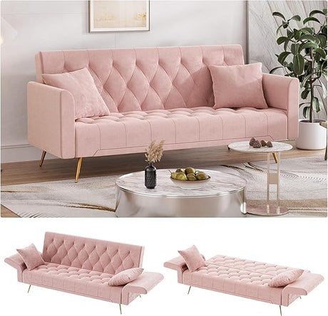 Modern Velvet Futon Sofa Bed, Small Couch, Loveseat, 71" Convertible Futon Sofa with Folding Armrests and 2 Pillows, Comfy Couch for Living Room, Bedroom, Beige