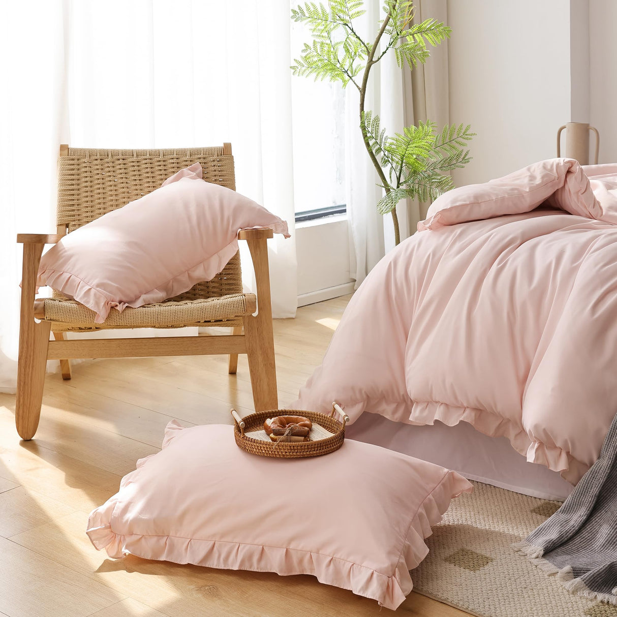 California King Comforter Set Beige Ruffle Comforter 3PCS Soft Fluffy Boho Comforter