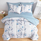 Bed in a Bag Twin Comforter Set with Sheets, Blue Flower Branch on White Botanical