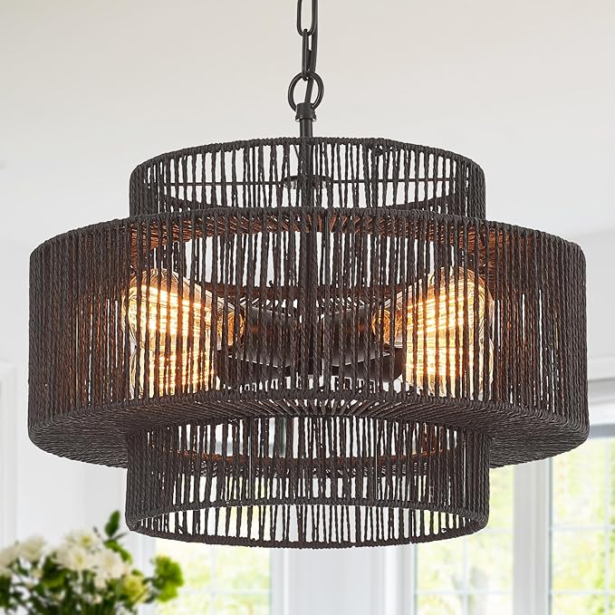 Widluth Hand-Woven Rattan Chandelier Vintage 6-Light Farmhouse Boho Bamboo Chandeliers Light Fixture 23.6" Retro 3-Tier Drum Wicker Rattan Black Chandelier for Dining Room, Kitchen Island, Bedroom
