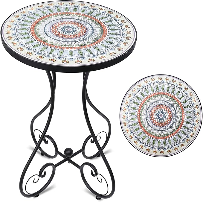 Mosaic Outdoor Side Table, Round Rustproof Patio Table with 14" Ceramic Tile Top