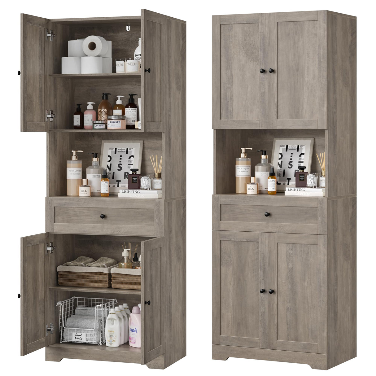 Tall Bathroom Storage Cabinets, Modern Farmhouse Linen Storage Cabinet with 4