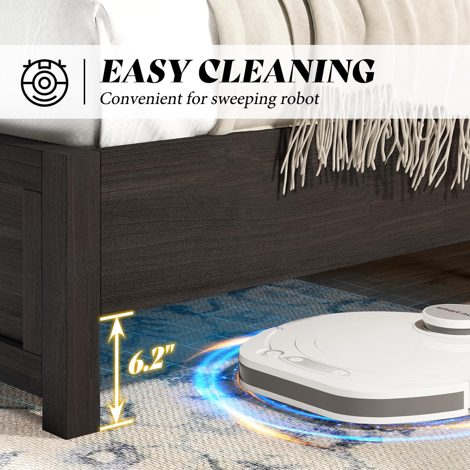 AMERLIFE Farmhouse Full Size Bed Frame with 49" Fluted Headboard, Platform Bed with Natural Wood Grain, No Box Spring Needed/Noise Free, Black