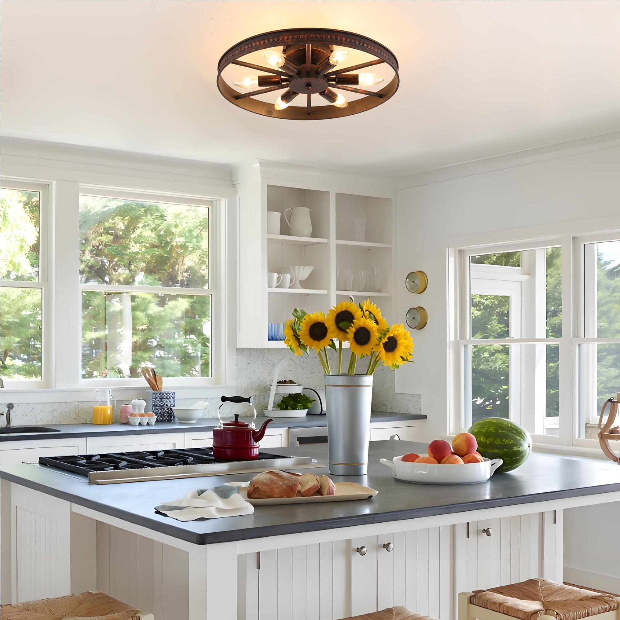Farmhouse Round Semi Flush Mount Ceiling Light - Red Rust Finish - 6 Light