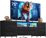 Fits 75" TV Stand Dresser for 65 70 75 Inch TV 63" W Dresser TV Stand for Bedroom with LED Lights & Power Outlets & 12 Drawers Dresser for Bedroom Long Fabric Dresser Entertainment Center