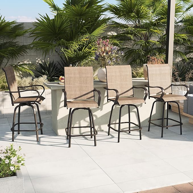 Outdoor Swivel Bar Stools Set of 2, Premium Patio Bar Stools, Textilene Bar Height