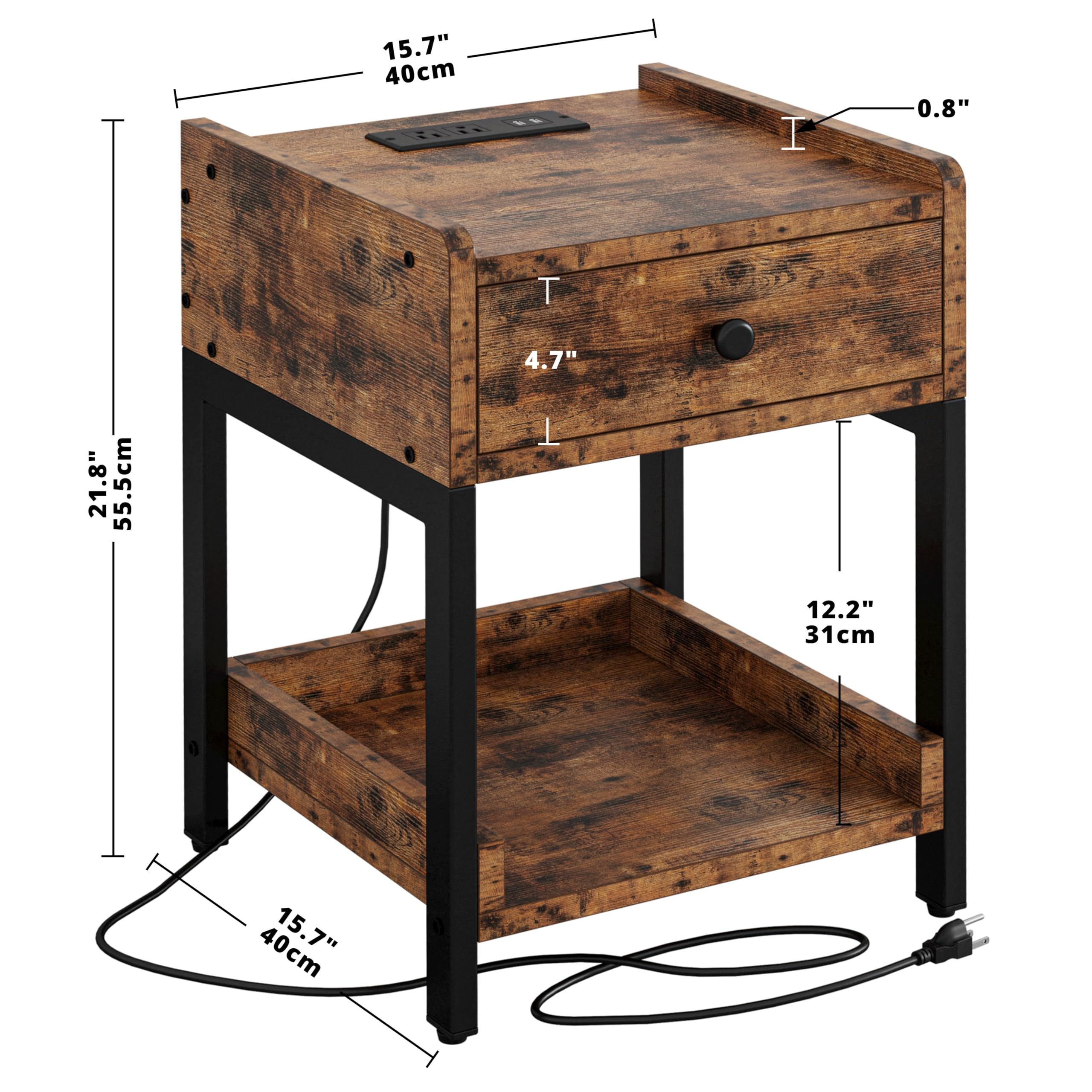 Nightstand, Bedside Table with Charging Station, Small End Table with Storage Drawer