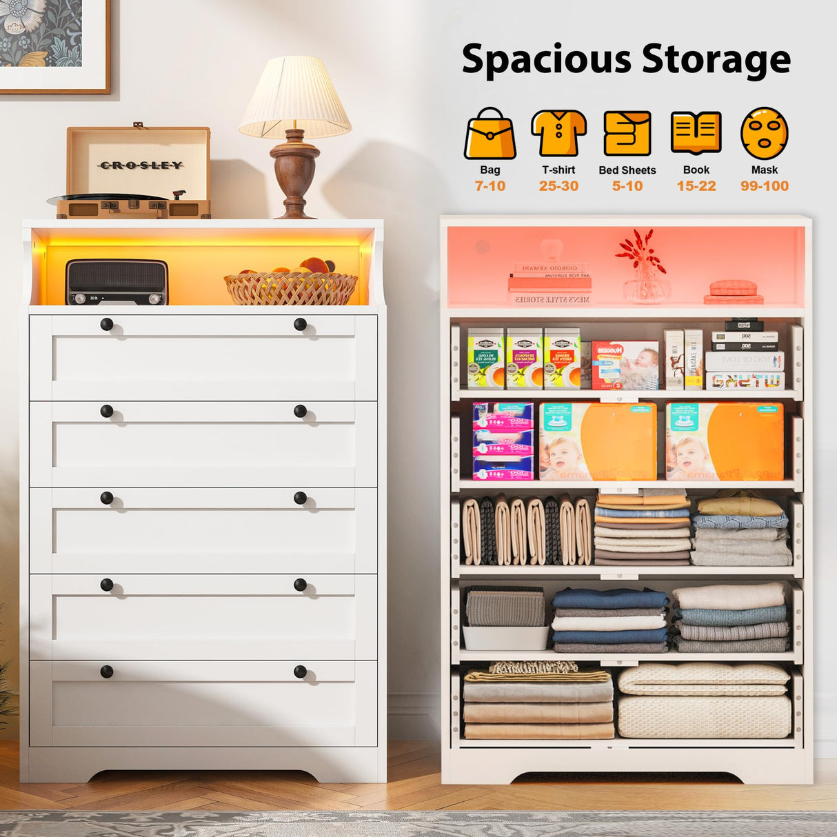 EnHomee Dresser for Bedroom, Modern White Dresser with LED Light, Tall Dresser with 5 Large Wood Drawers for Closet Organizers and Storage Clothes, Chests of Drawers for Closet, Entryway