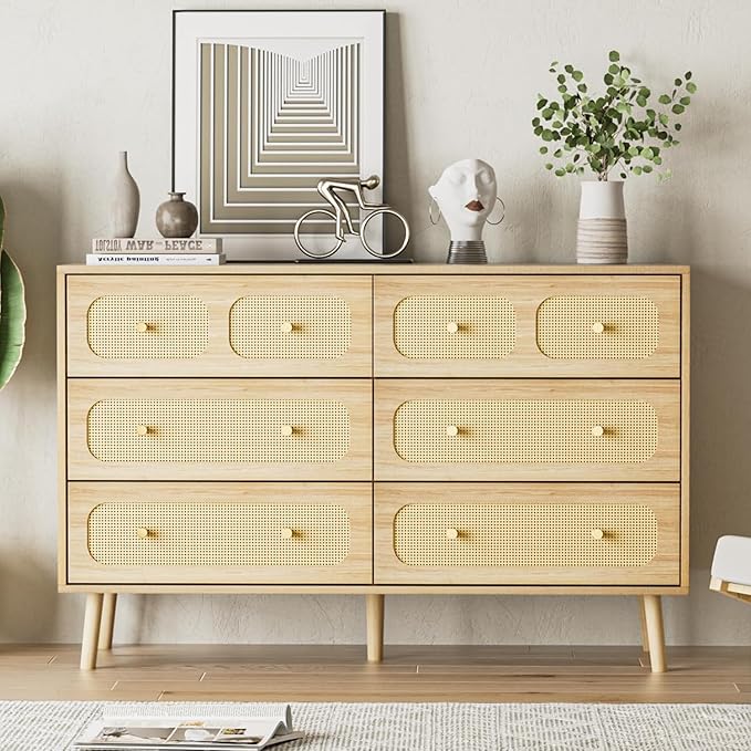 White Dresser for Bedroom, Modern 6 Drawer Dresser, Wide Chest of Drawers with Gold