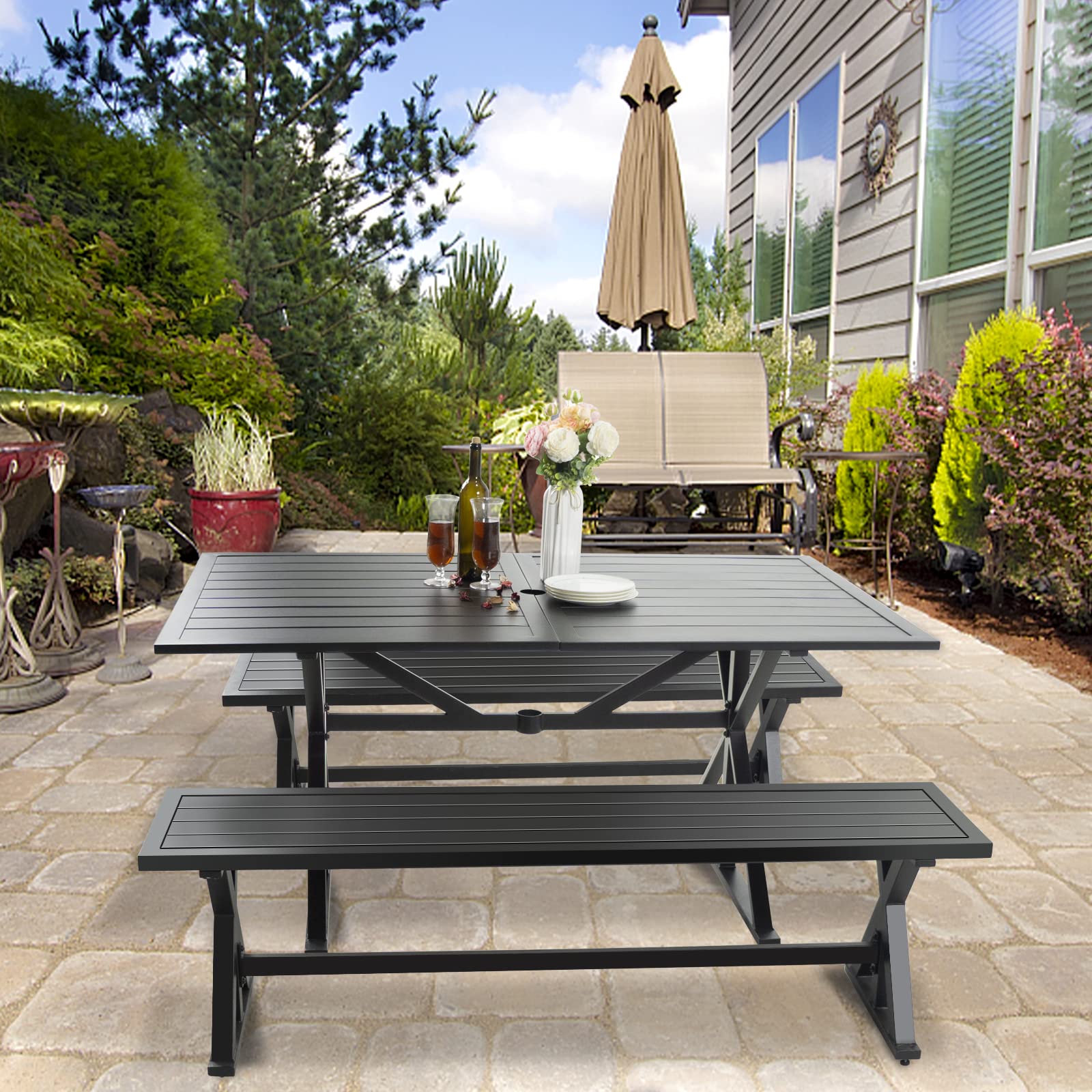 61" Patio Benches 2-3 People Dining Metal Backless Bench