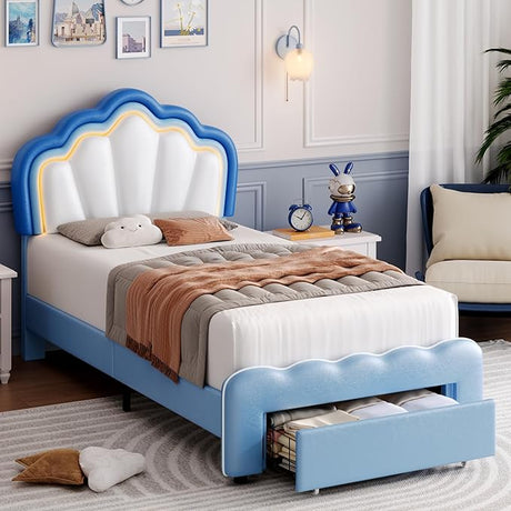 Twin Upholstered LED Bed Frame with Storage Drawer, Cute Girls Bed with Adjustable